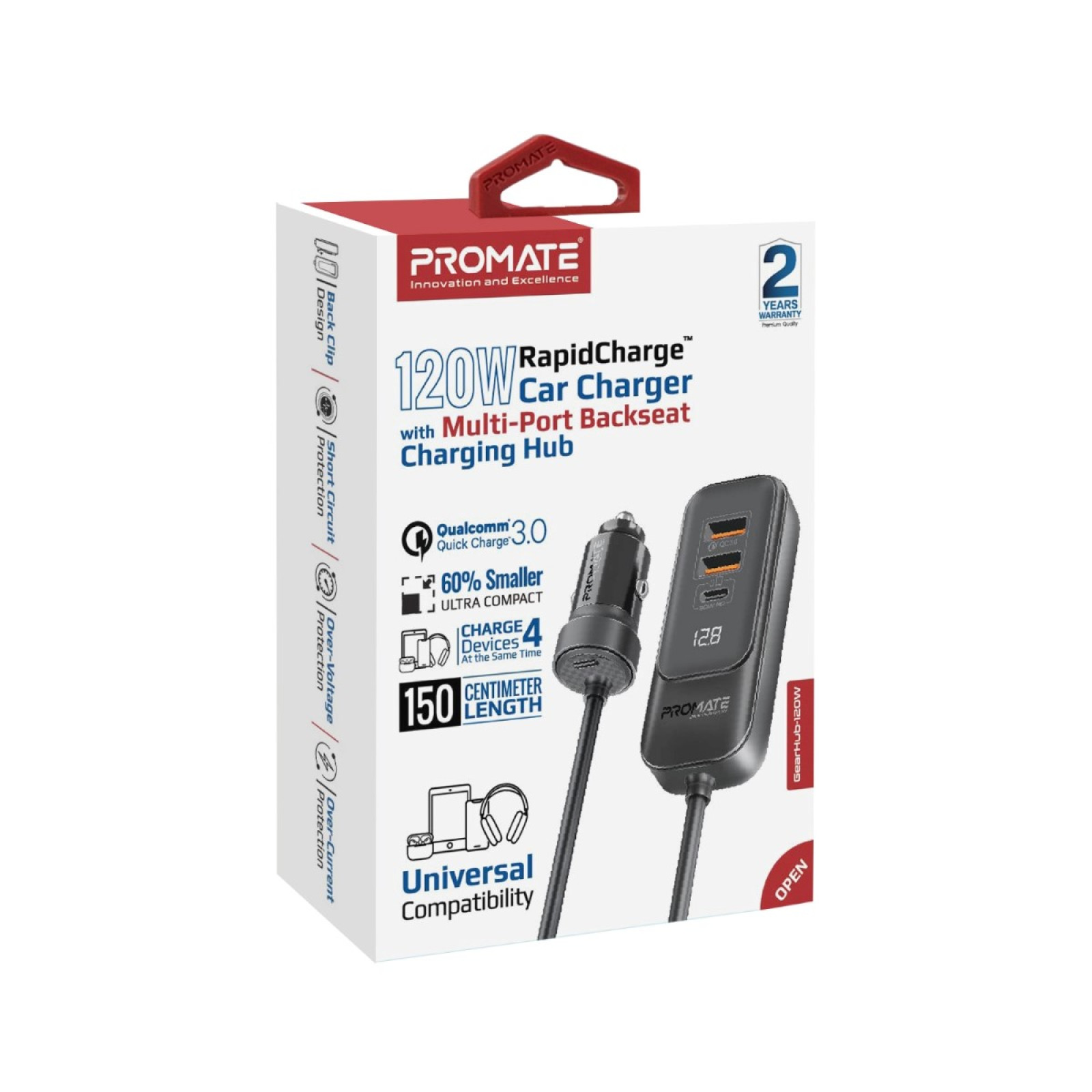 Зарядно за кола 12V ProMate GEARHUB-120W 120W Car charger w Car Backseat Charging Hub w 2 x 30W USB-C, 2 x 30W QC 3.0 ports, LED Display, 1