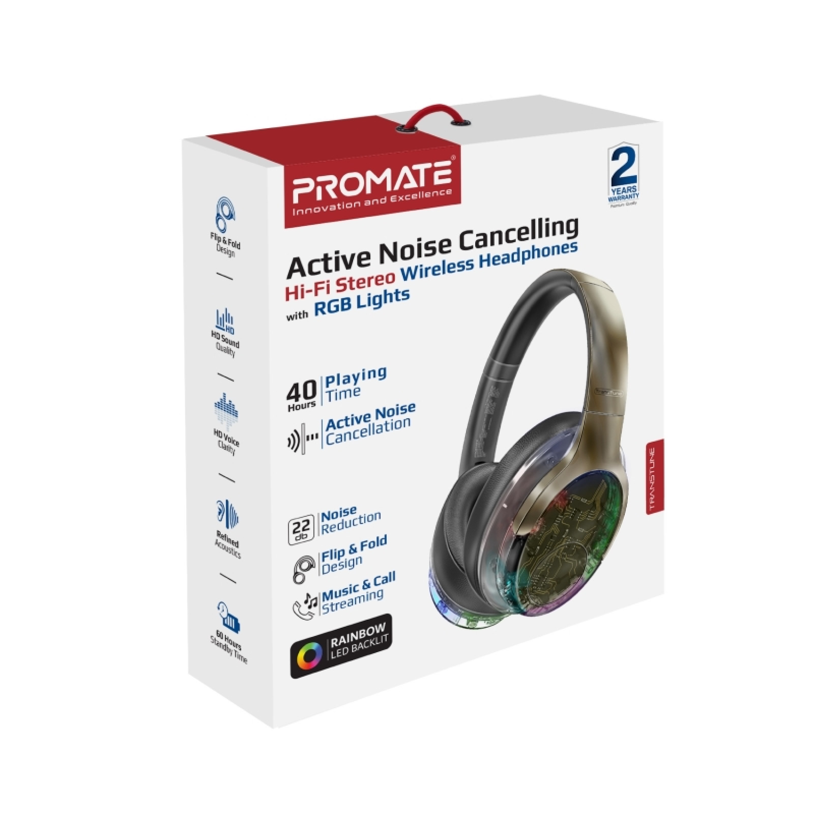 Bluetooth слушалки ProMate TRANSTUNE.GUNMETAL Transparent Wireless BT V5.3 ANC Headphones, Active Noise Cancellation, RGB lights, 40 hours playbac