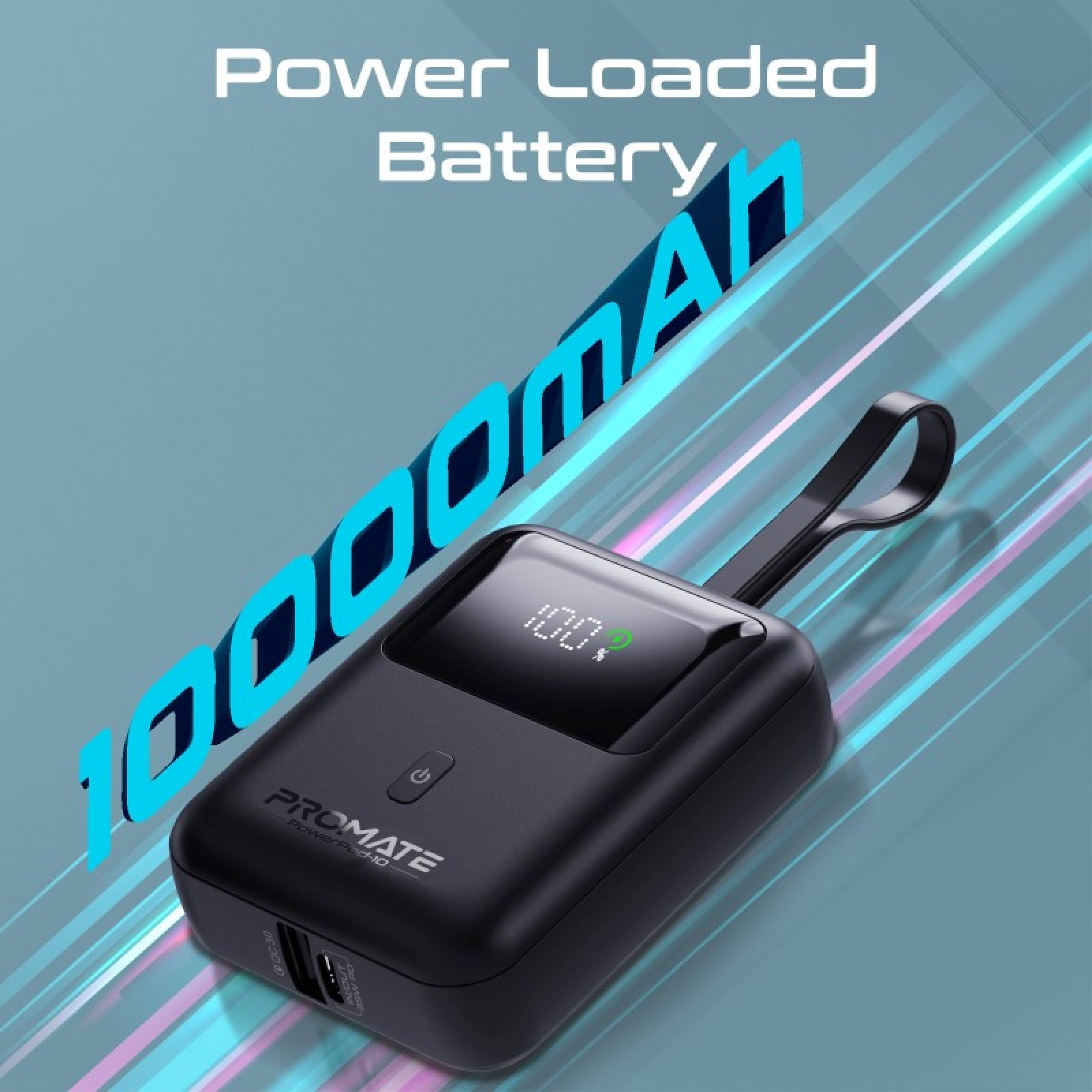 Външна батерия ProMate POWERPOD-10.BLACK 10000mAh Power bank w/ built-in USB-C Cable, 33W PD USB-C in/out port, 20W USB-A port, LED Display - Черна