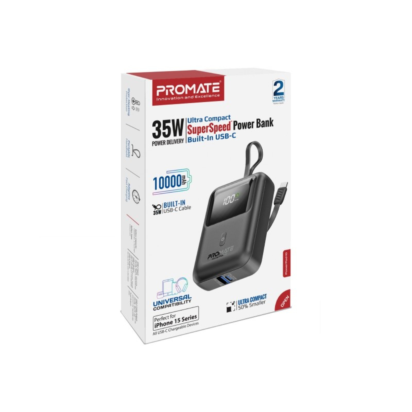 Външна батерия ProMate POWERPOD-10.BLACK 10000mAh Power bank w/ built-in USB-C Cable, 33W PD USB-C in/out port, 20W USB-A port, LED Display - Черна