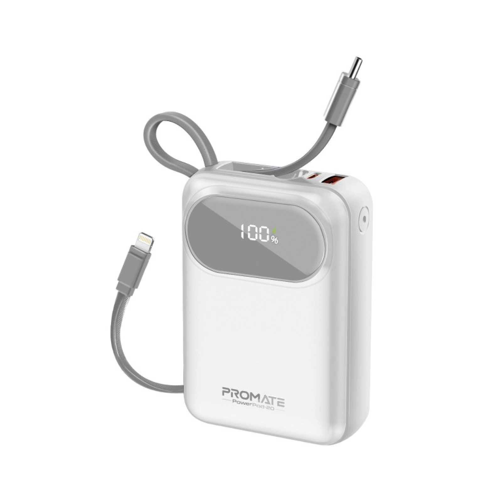 Външна батерия ProMate POWERPOD-20.WHITE 20000mAh Power bank w/ built-in USB-C and Lightning Cable, 33W PD USB-C in/out port, 20W USB-A port, L - Бяла