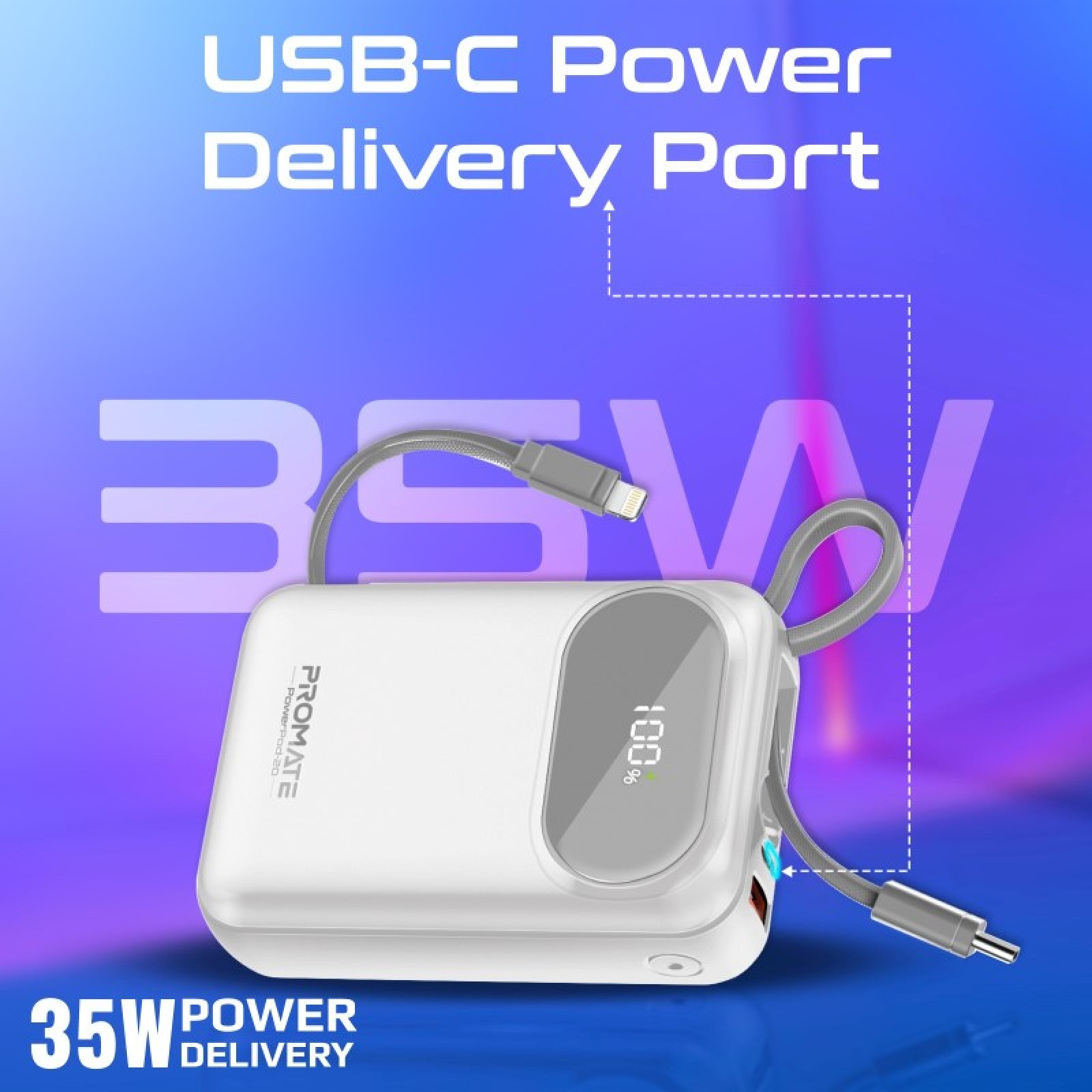 Външна батерия ProMate POWERPOD-20.WHITE 20000mAh Power bank w/ built-in USB-C and Lightning Cable, 33W PD USB-C in/out port, 20W USB-A port, L - Бяла