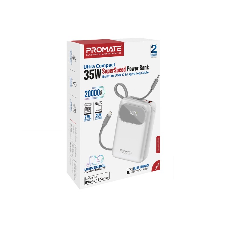 Външна батерия ProMate POWERPOD-20.WHITE 20000mAh Power bank w/ built-in USB-C and Lightning Cable, 33W PD USB-C in/out port, 20W USB-A port, L - Бяла