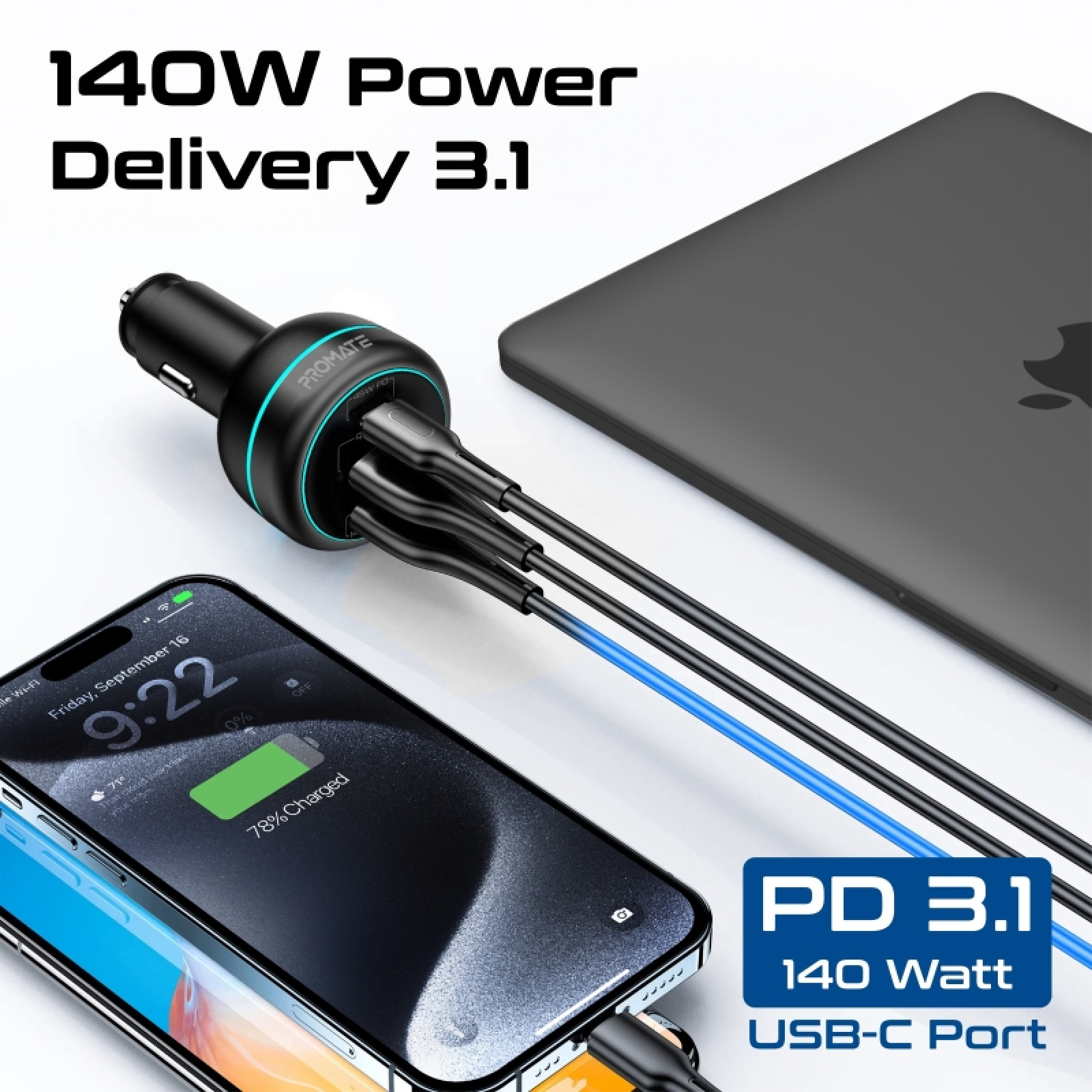 Зарядно за кола 12V ProMate POWERDRIVE-230 230W Car Charger with 140W PD 3.1 USB-C, 45W PD USB-C, 45W QC3.0 USB-A port