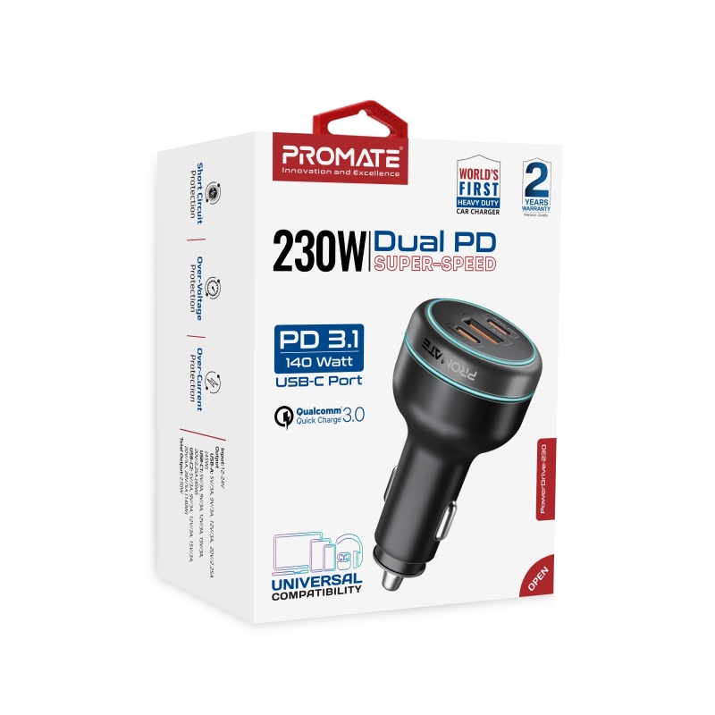 Зарядно за кола 12V ProMate POWERDRIVE-230 230W Car Charger with 140W PD 3.1 USB-C, 45W PD USB-C, 45W QC3.0 USB-A port