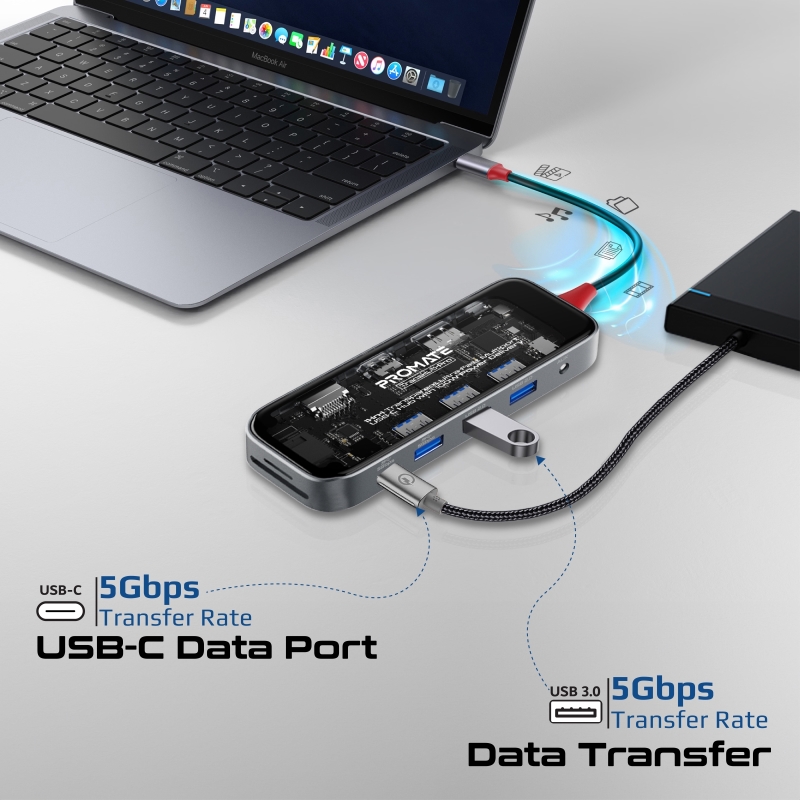 Хъб ProMate, TRANSHUB-PRO, 11-in-1, Transparent, USB-C Hub с 100W PD Passthrough Port, 4K@60Hz HDMI, Display Port, RJ45 Port, Прозрачен