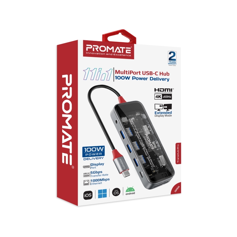 Хъб ProMate, TRANSHUB-PRO, 11-in-1, Transparent, USB-C Hub с 100W PD Passthrough Port, 4K@60Hz HDMI, Display Port, RJ45 Port, Прозрачен