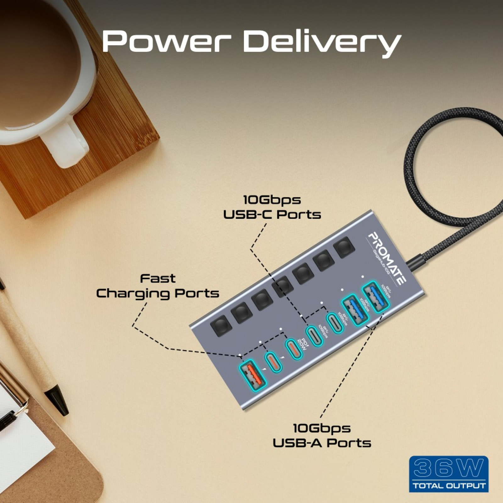 Хъб  Promate 7-in-1 High Speed Multi-Ports 10Gbps Data and Charging Hub