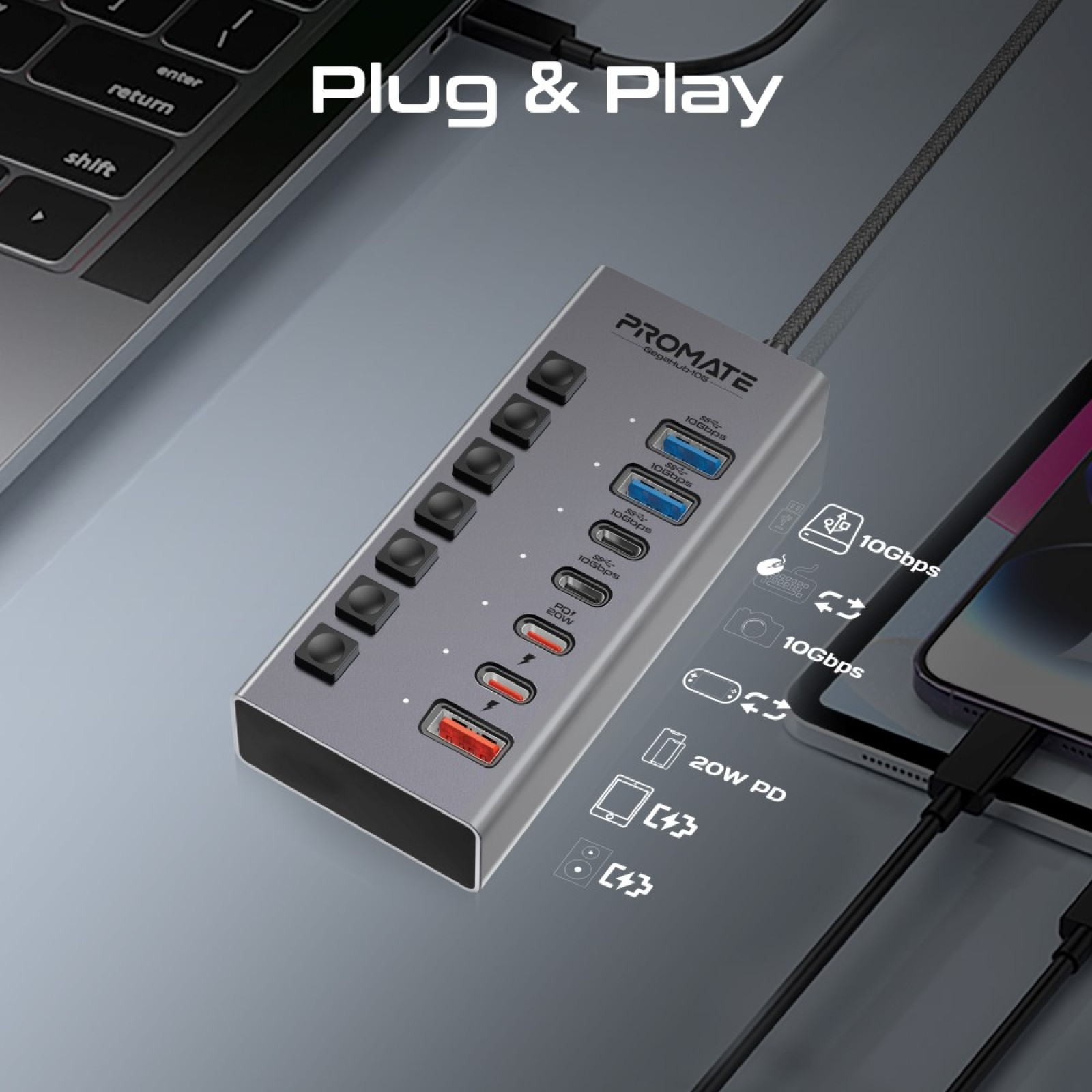 Хъб  Promate 7-in-1 High Speed Multi-Ports 10Gbps Data and Charging Hub