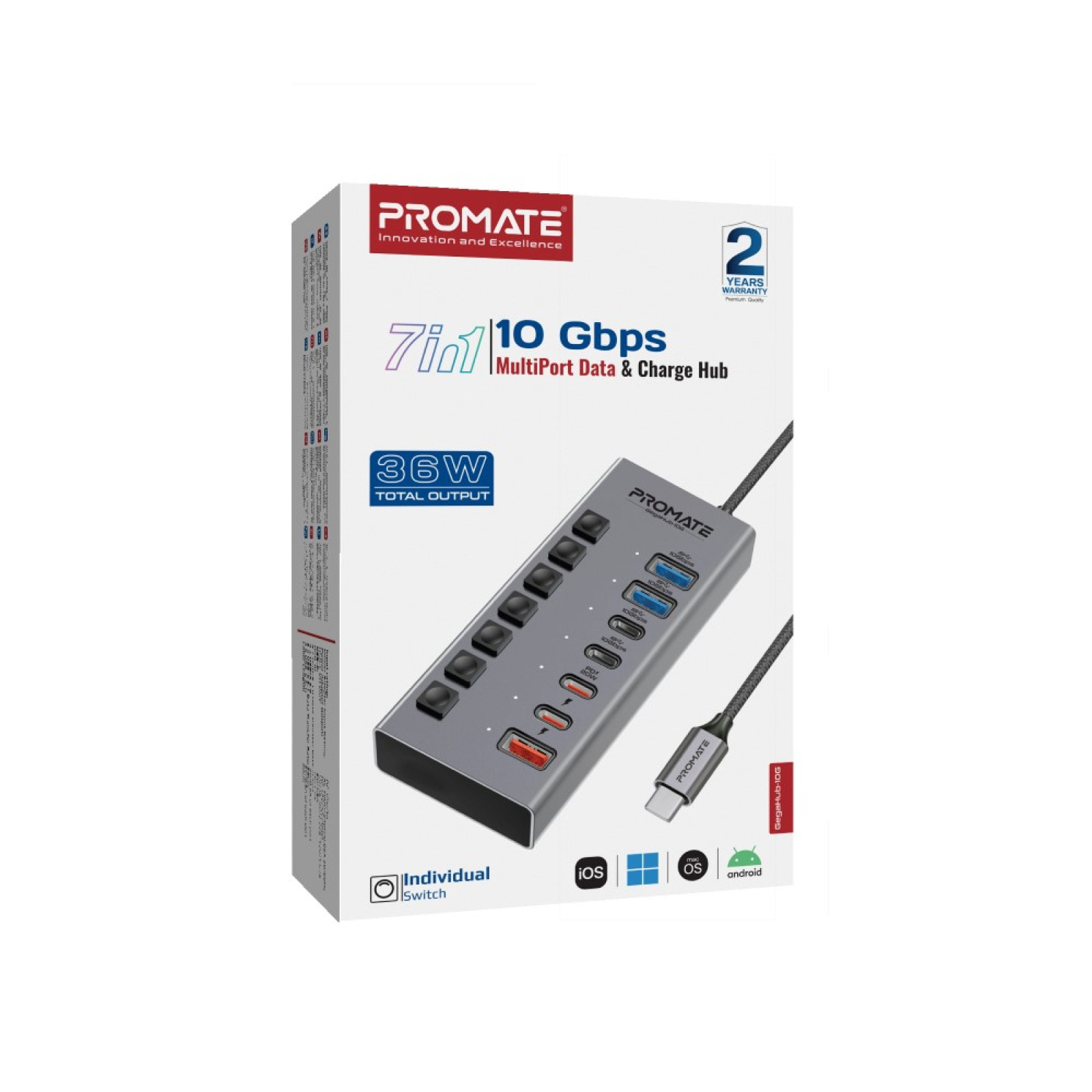 Хъб  Promate 7-in-1 High Speed Multi-Ports 10Gbps Data and Charging Hub