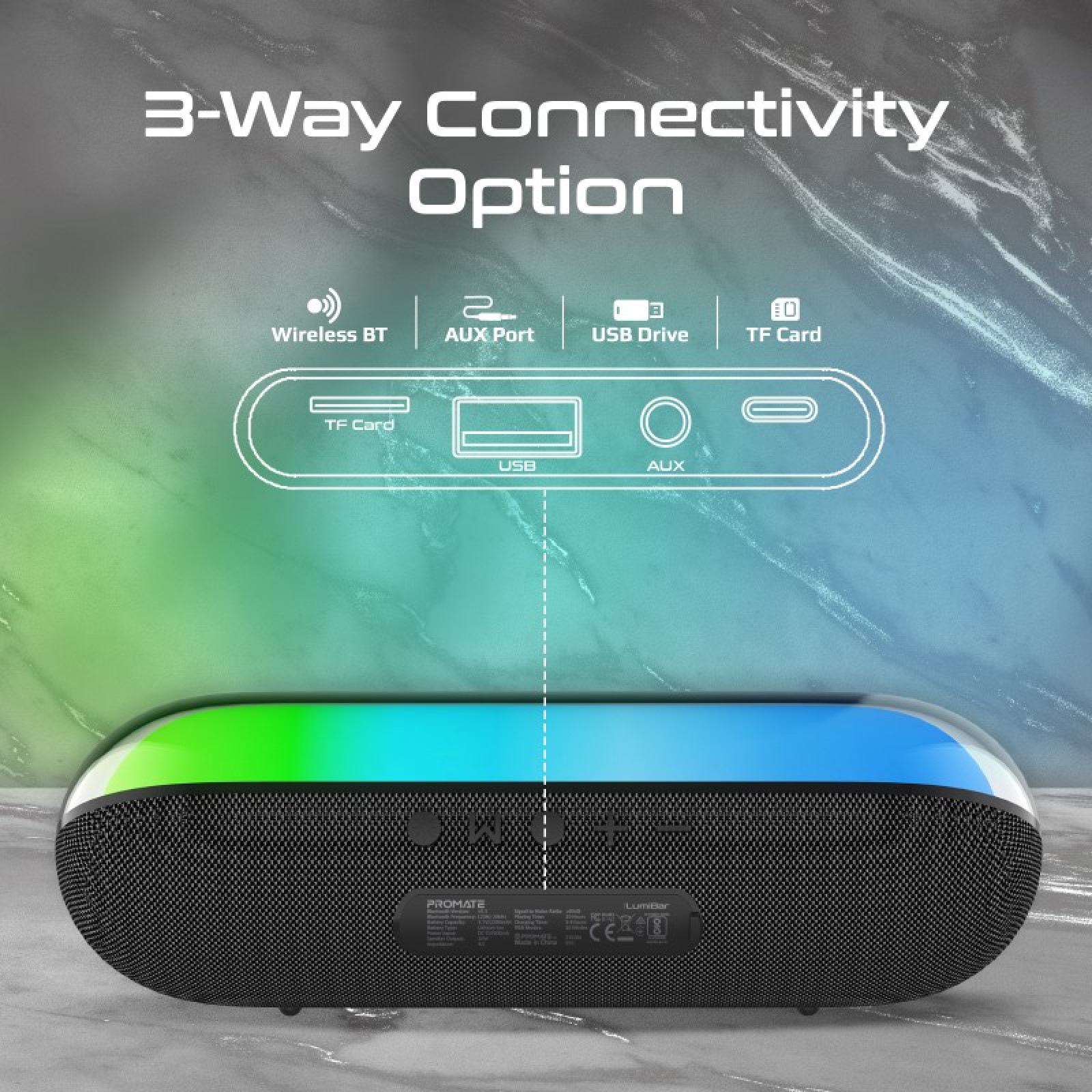 Bluetooth колонка ProMate LUMIBAR.BLACK High Fidelity RGB Wireless BT 5.3 Speaker, Capsule Design, IPX4 rating, RGB Lighting, AUX/USB/TF/Han