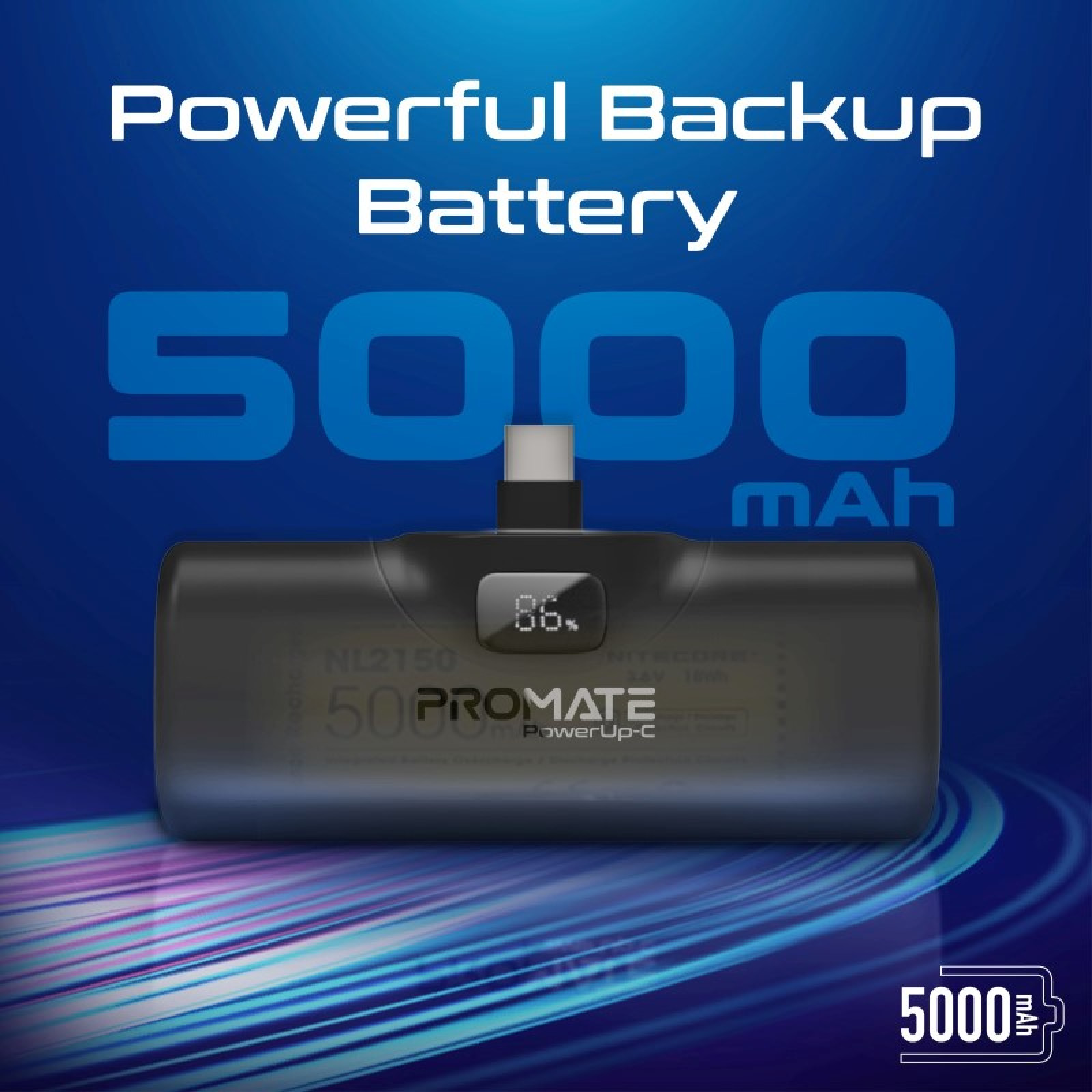 Външна батерия ProMate POWERUP-C.BLACK  5000mAh Portable Mini Power Bank with foldable 20W USB-C Output Plug and USB-C input/Output Port - Черна