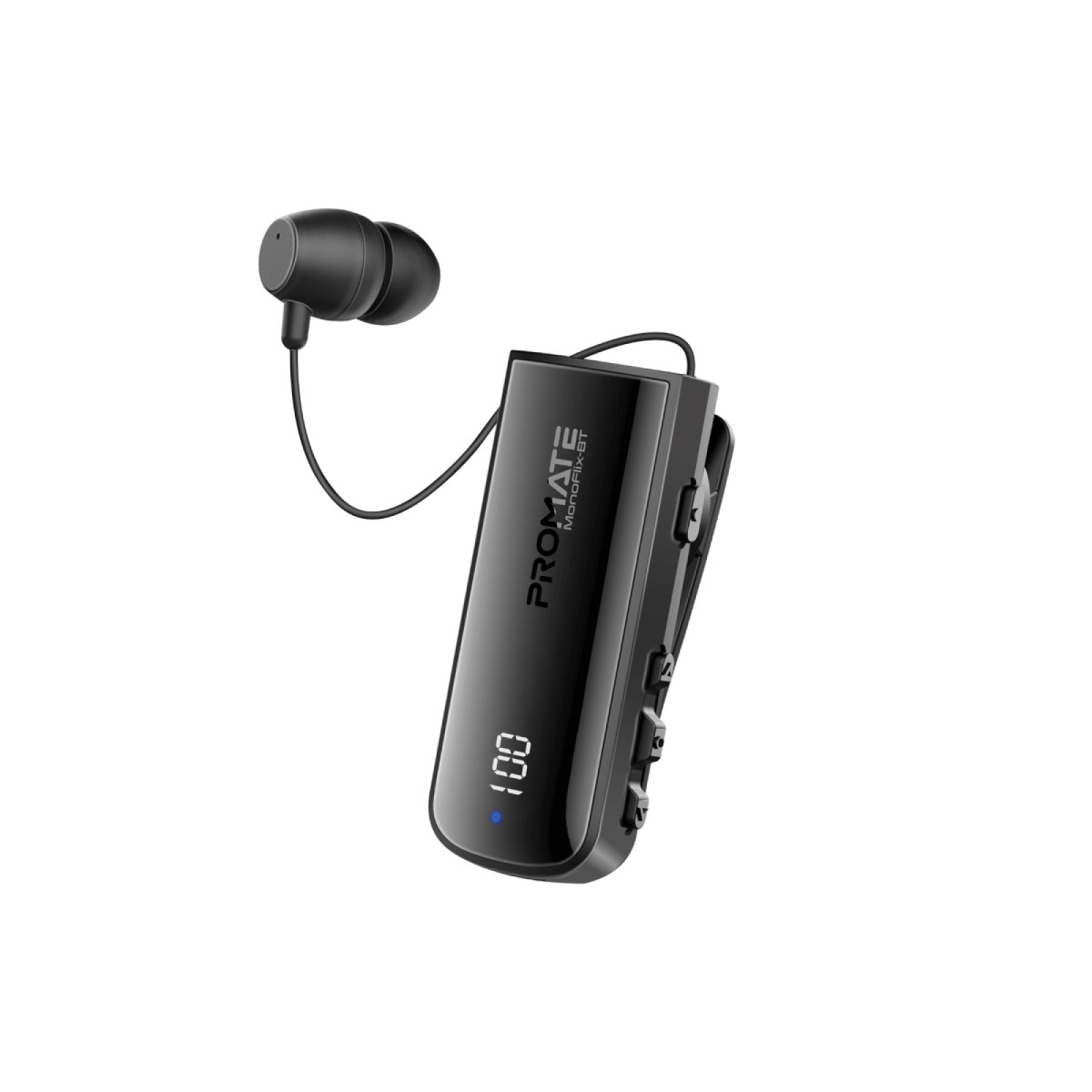 Bluetooth слушалка ProMate, MonoFlix-BT.Black Wireless BT v5.3 Mono Earphone w/ Retractable earphone cable, IPX7 Water Resistance, LED battery display, 20hrs playback - Черна