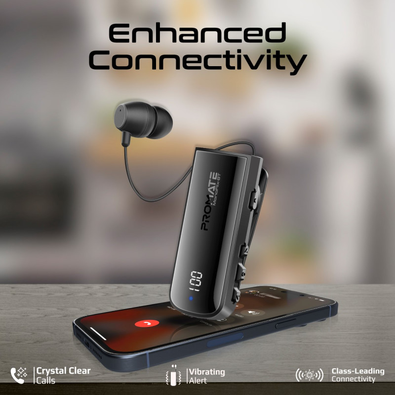 Bluetooth слушалка ProMate, MonoFlix-BT.Black Wireless BT v5.3 Mono Earphone w/ Retractable earphone cable, IPX7 Water Resistance, LED battery display, 20hrs playback - Черна