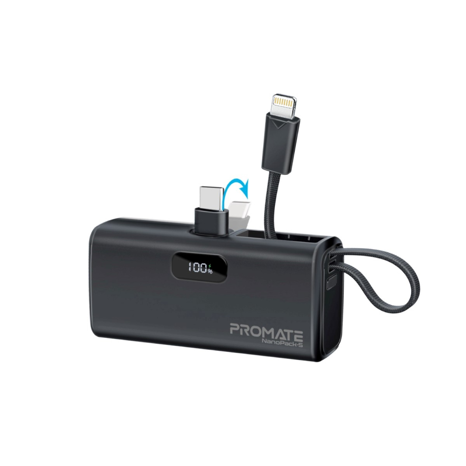 Външна батерия ProMate, NanoPack-5.Black 5000mAh Portable Mini Power Bank, 20W USB-C Output Plug and Lightning output Built-In Cable - Черна