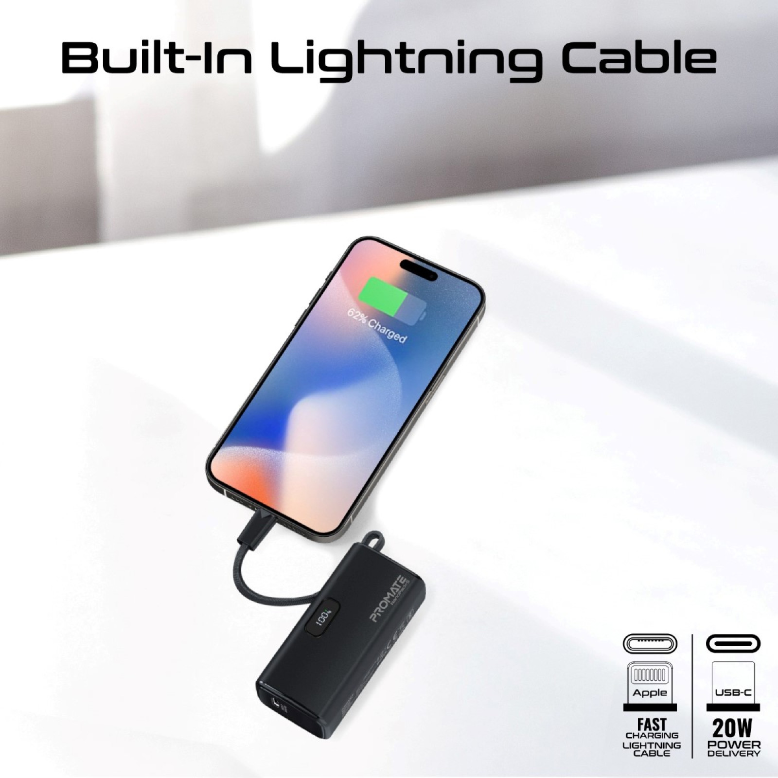 Външна батерия ProMate, NanoPack-5.Black 5000mAh Portable Mini Power Bank, 20W USB-C Output Plug and Lightning output Built-In Cable - Черна