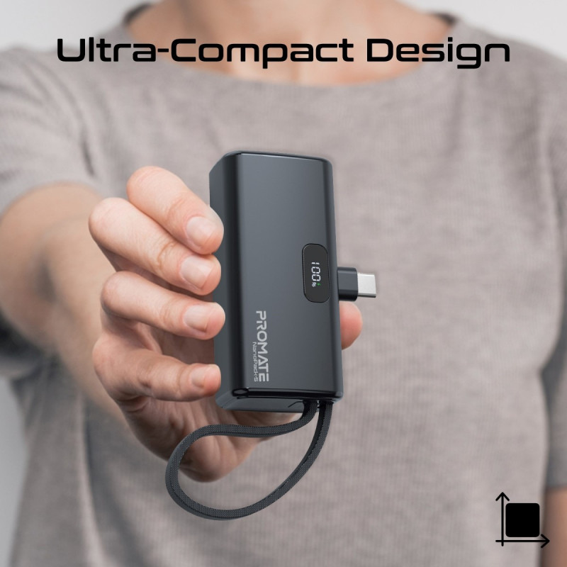 Външна батерия ProMate, NanoPack-5.Black 5000mAh Portable Mini Power Bank, 20W USB-C Output Plug and Lightning output Built-In Cable - Черна