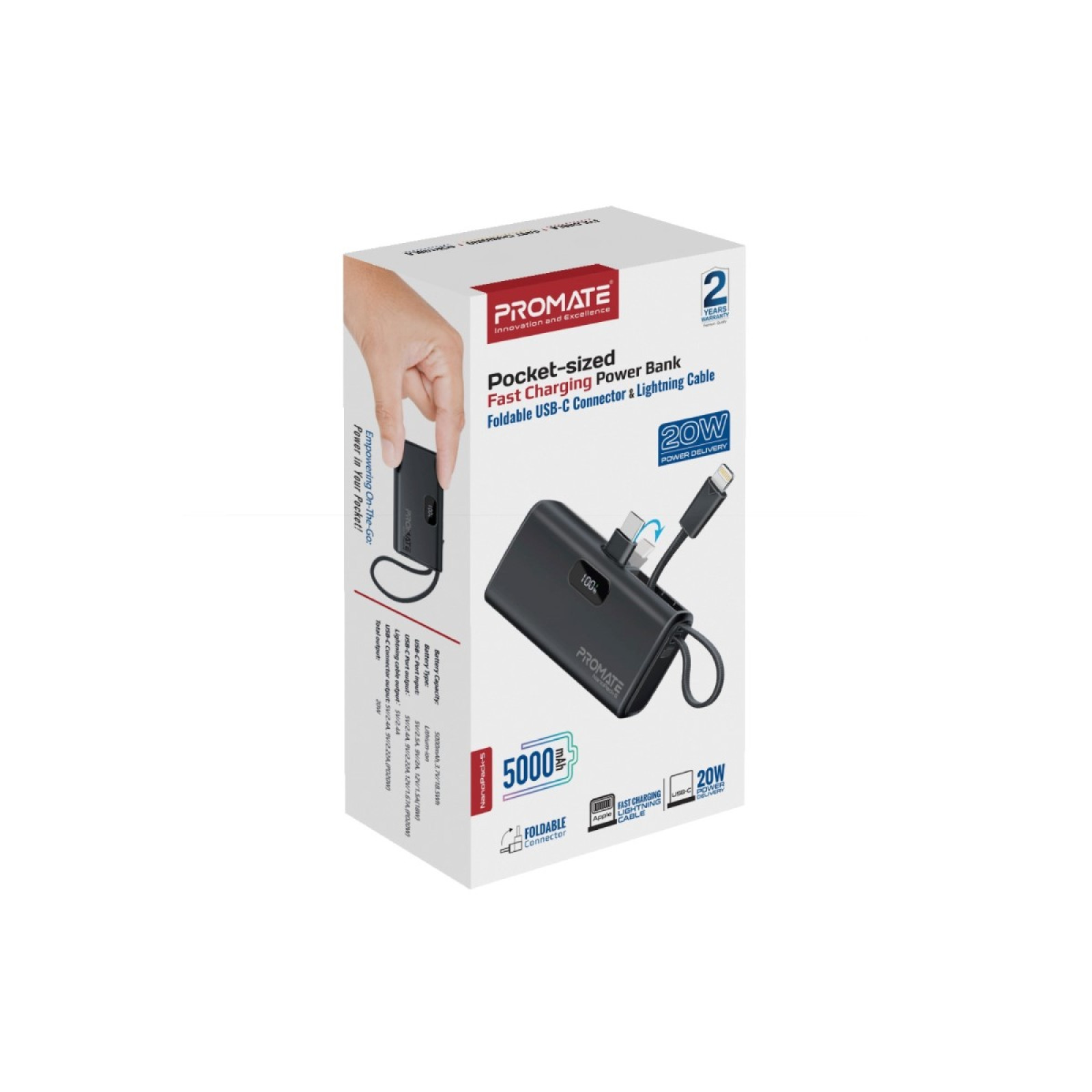 Външна батерия ProMate, NanoPack-5.Black 5000mAh Portable Mini Power Bank, 20W USB-C Output Plug and Lightning output Built-In Cable - Черна