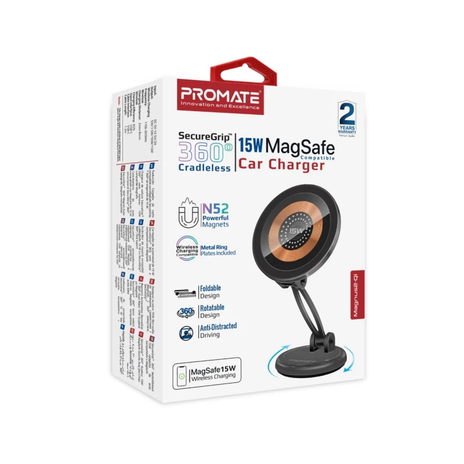 Безжична стойка за кола 12V ProMate  MAGNUS2-QI Cradleless 15W MagSafe Compatible Wireless Charging Car mount, For Dashboards, foldable design, Meta