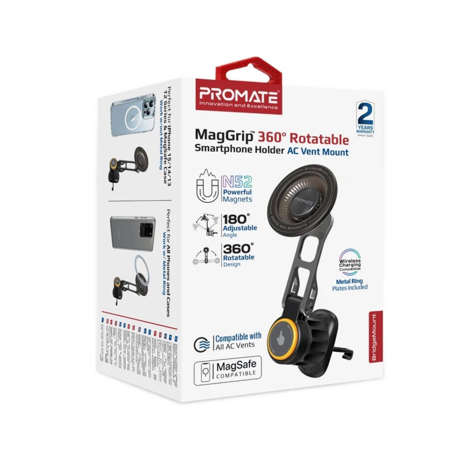 Стойка за кола ProMate  BRIDGEMOUNT 360° Rotatable Cradleless Magnetic Car Phone Mount, For AC Vents, Metal ring Plate included.