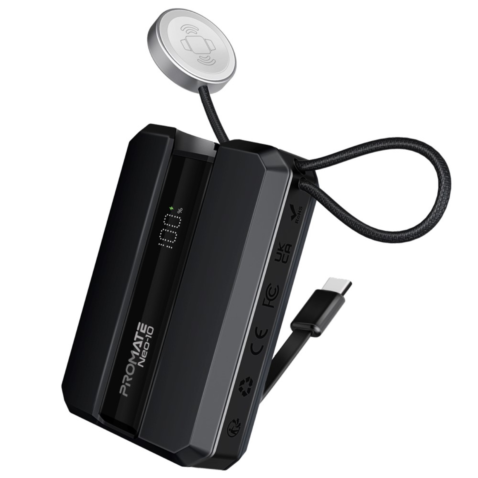 Външна батерия ProMate NEO-10.BLACK  10000mAh Power bank w/ 2.5W Apple Watch Charger, built-in USB-C Input/output Cable, 30W USB-C
Input/