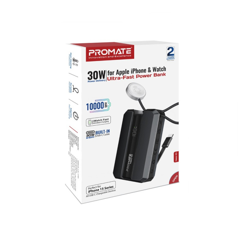 Външна батерия ProMate NEO-10.BLACK  10000mAh Power bank w/ 2.5W Apple Watch Charger, built-in USB-C Input/output Cable, 30W USB-C
Input/