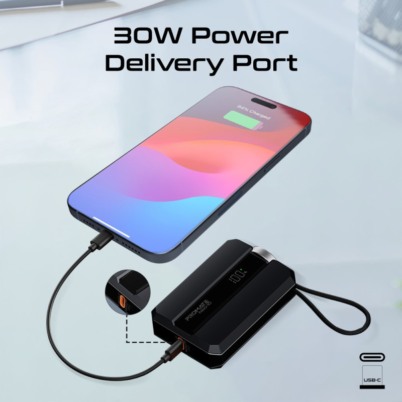 Външна батерия ProMate NEO-10.BLACK  10000mAh Power bank w/ 2.5W Apple Watch Charger, built-in USB-C Input/output Cable, 30W USB-C
Input/