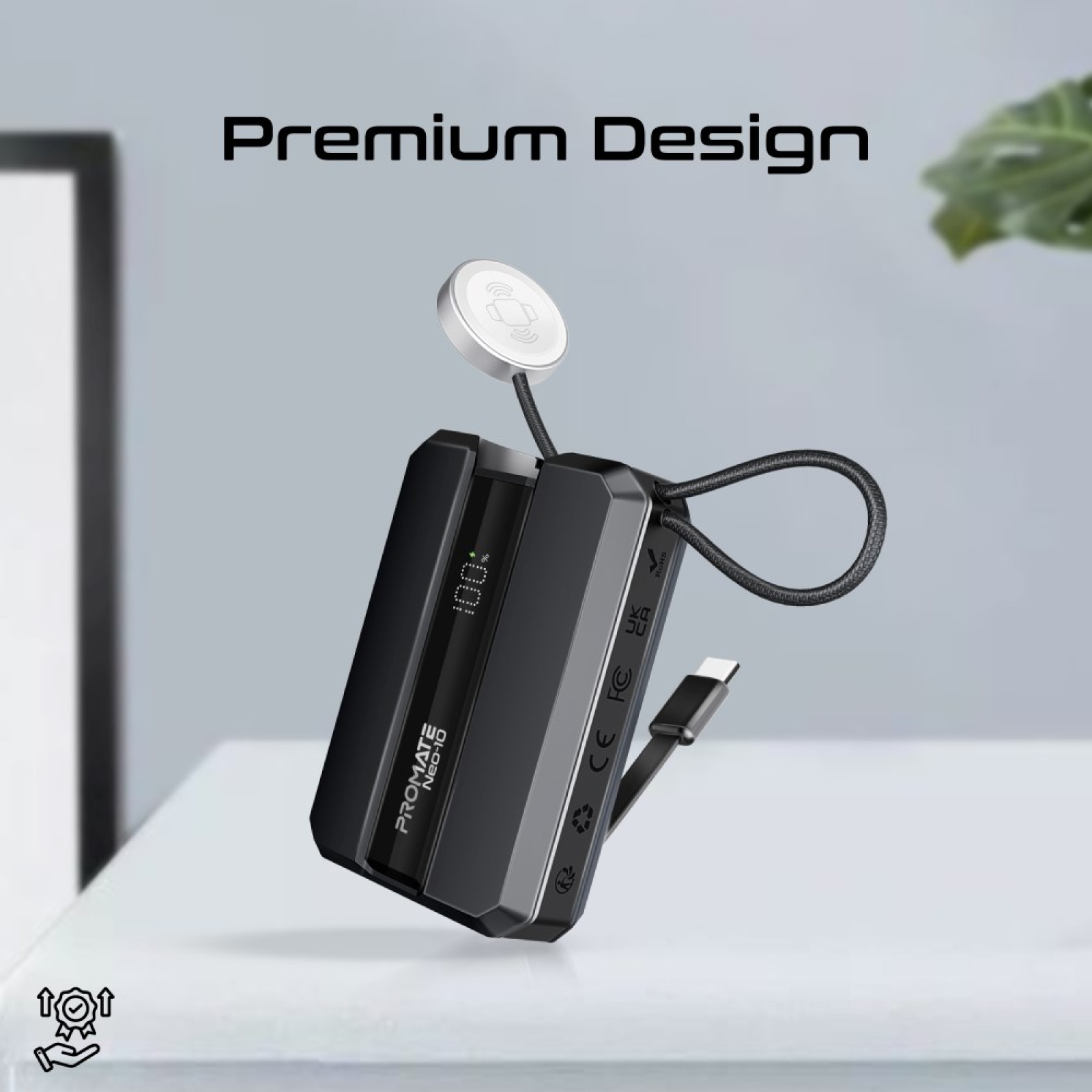 Външна батерия ProMate NEO-10.BLACK  10000mAh Power bank w/ 2.5W Apple Watch Charger, built-in USB-C Input/output Cable, 30W USB-C
Input/