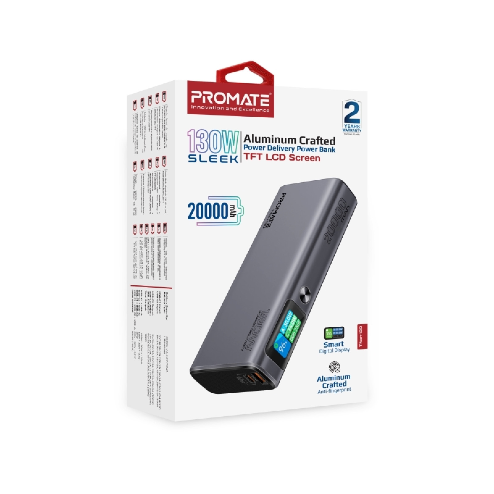 Външна батерия ProMate TITAN-130 20000mAh Power bank w/ 130W Total Output, 100WPD USB-C input/output, 60W PD USB-C
Input/output and 30W