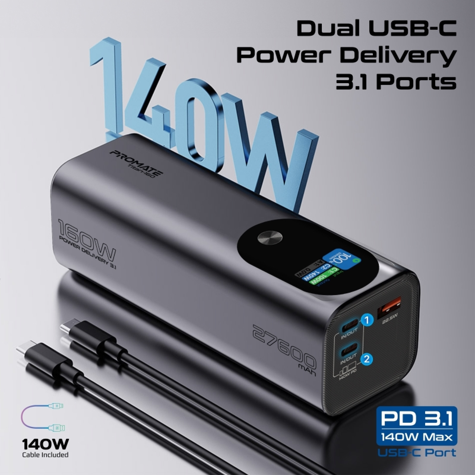 Външна батерия ProMate TITAN-160 27600mAh PD 3.1 Power bank w/ 160W Total Output, 2x 140WPD USB-C input/output and 22.5 W USB-A