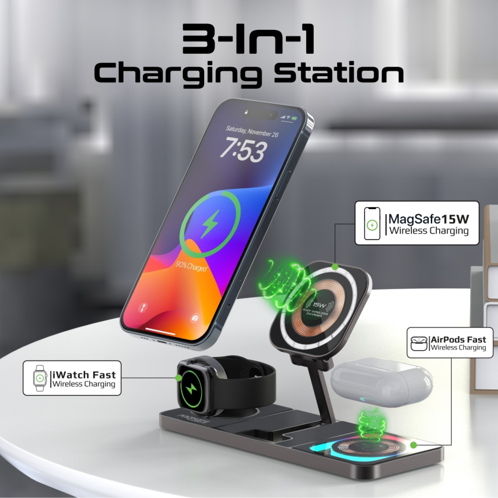 Зарядна станция ProMate, AuraSlate-Trio 3-in-1 Slim Transparent Wireless Charging Station w/ 15W MagSafe Charger, 3W Apple Watch Charger and 5W Wireless Charger w/ RGB lighting