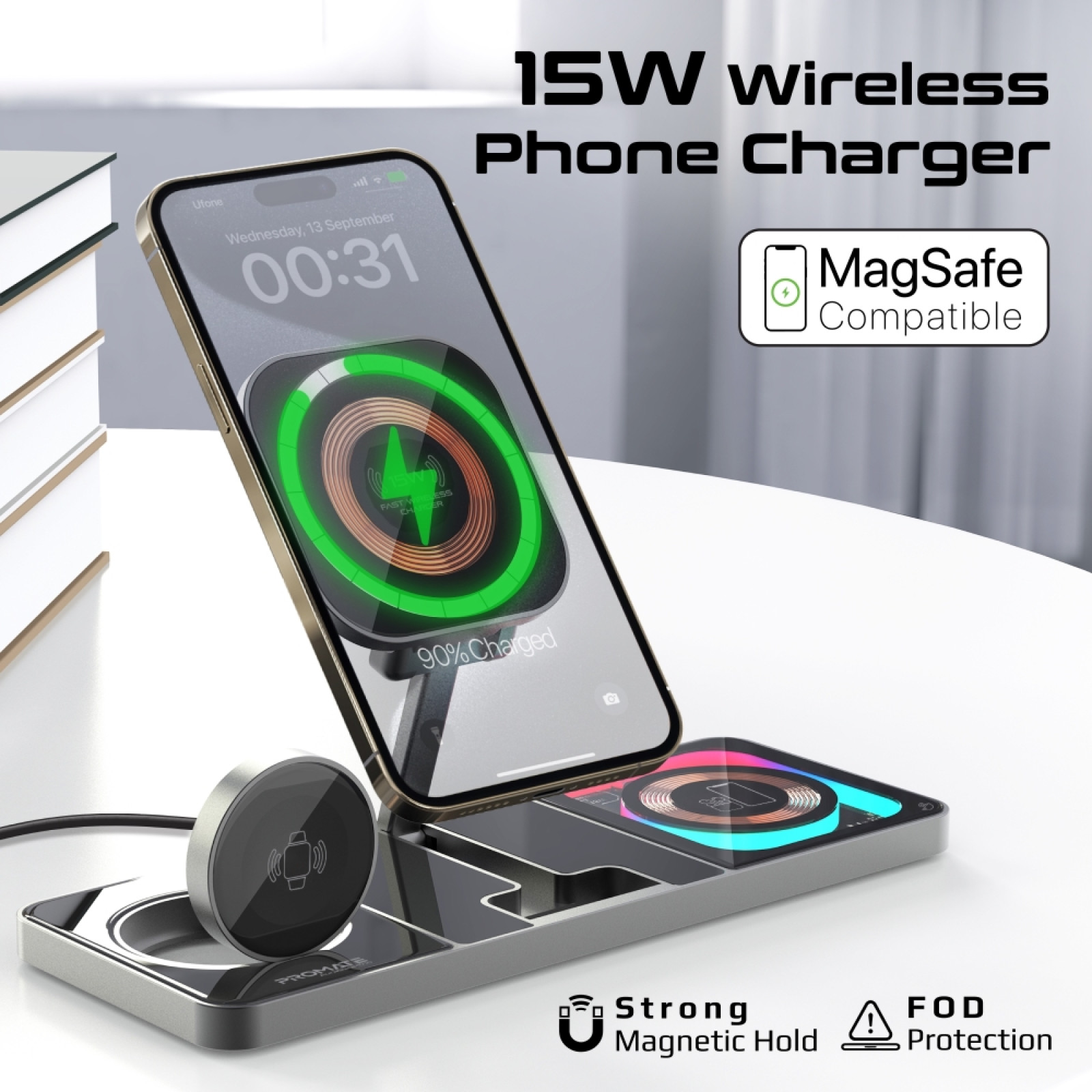 Зарядна станция ProMate, AuraSlate-Trio 3-in-1 Slim Transparent Wireless Charging Station w/ 15W MagSafe Charger, 3W Apple Watch Charger and 5W Wireless Charger w/ RGB lighting