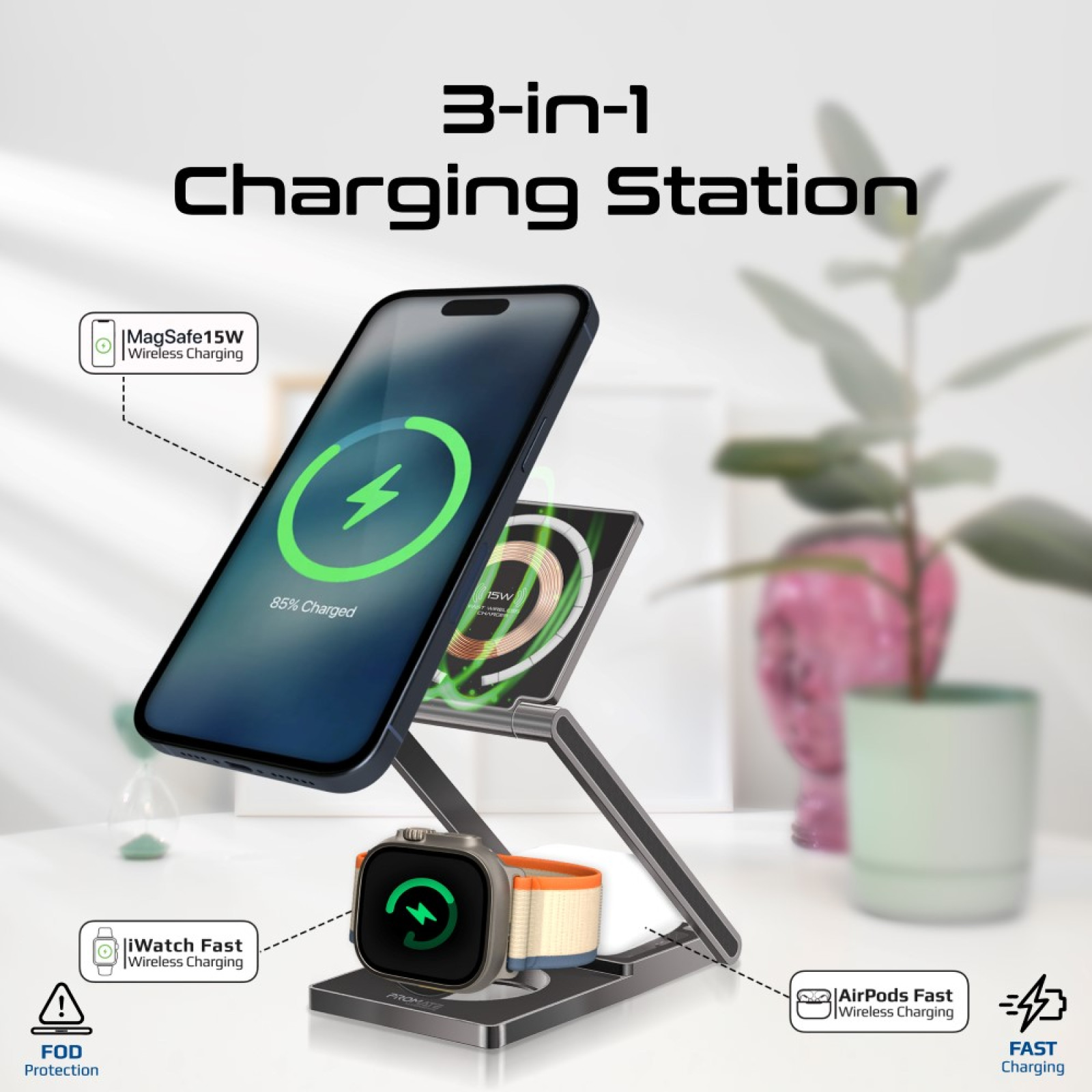 Зарядна станция ProMate, LucidFold-Trio 3-in-1 Transparent Foldable Wireless Charging station w/ 15W MagSafe Charger, 5W Wireless Charger, 3W Apple Watch Charger