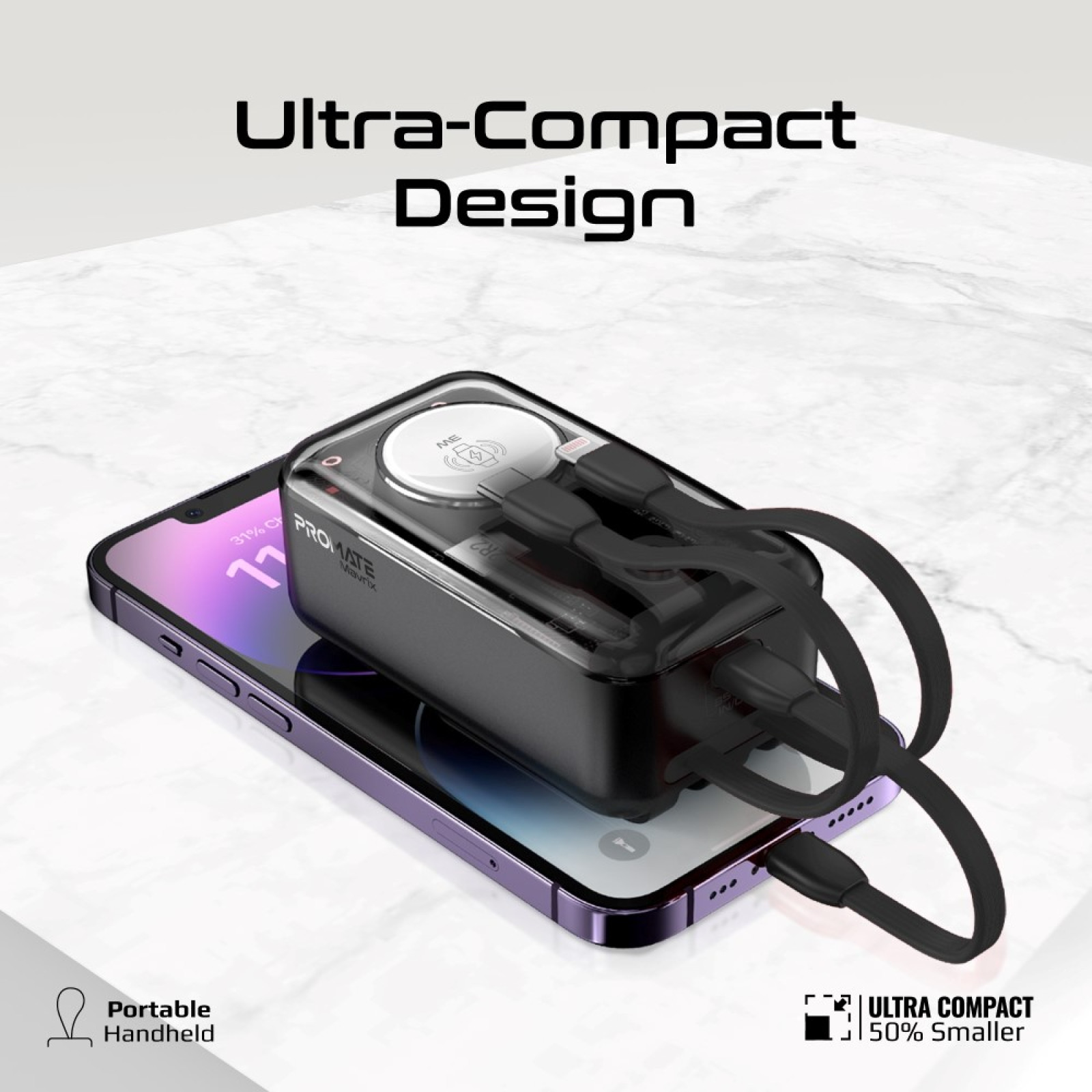 Външна батерия ProMate,  Mavrix.Black 10000mAh Transparent Power bank w/ built-in USB-C and Lightning Cable, USB-C 33W PD, 3W Apple Watch Charger,
LED Display - Черна