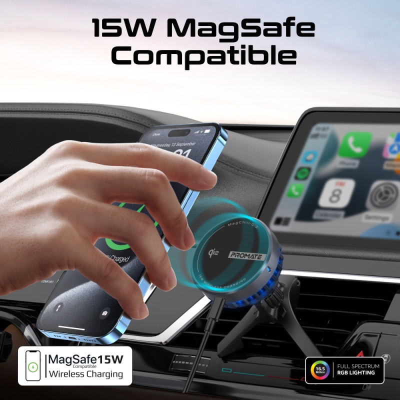 Безжична стойка за кола ProMate, MagChill-Qi2 15W Qi2 Certified Wireless Charging Car Mount with Phone Cooling Feature, MagSafe Compatible, For Dashboard, Windshield and AC Vent - Безжични зарядни устройства - Wireless | Phoneplay.bg