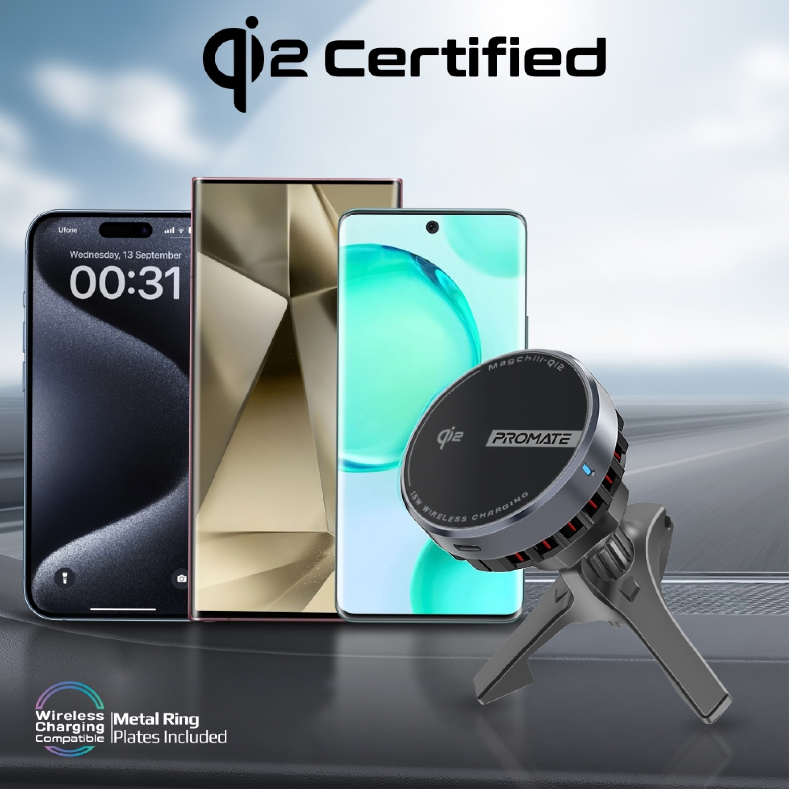 Безжична стойка за кола ProMate, MagChill-Qi2 15W Qi2 Certified Wireless Charging Car Mount with Phone Cooling Feature, MagSafe Compatible, For Dashboard, Windshield and AC Vent - Безжични зарядни устройства - Wireless | Phoneplay.bg