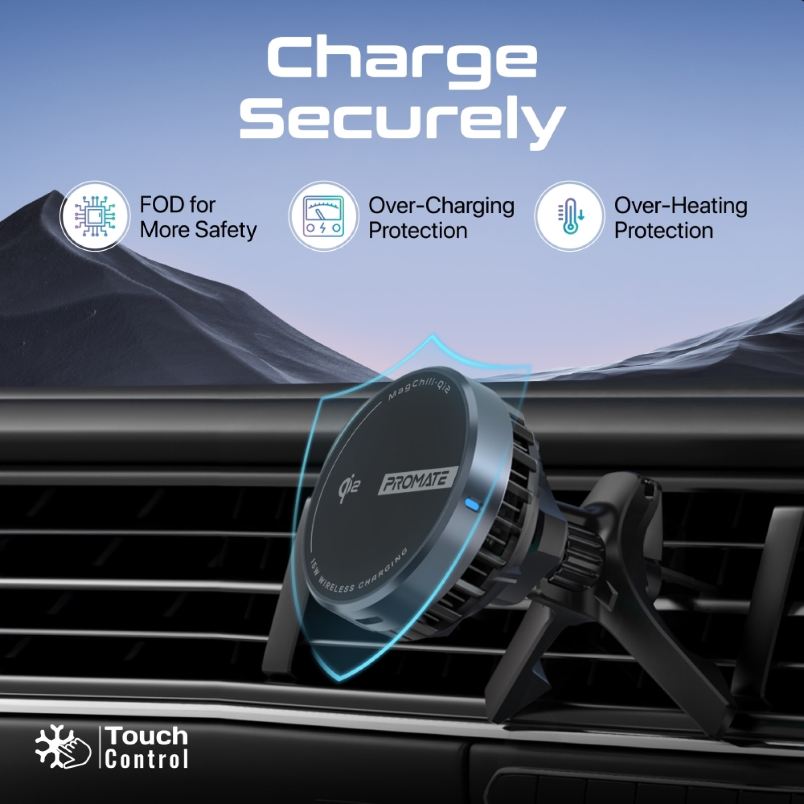 Безжична стойка за кола ProMate, MagChill-Qi2 15W Qi2 Certified Wireless Charging Car Mount with Phone Cooling Feature, MagSafe Compatible, For Dashboard, Windshield and AC Vent - Безжични зарядни устройства - Wireless | Phoneplay.bg