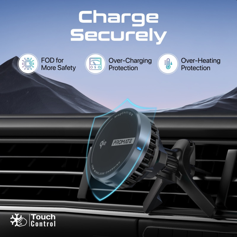Безжична стойка за кола ProMate, MagChill-Qi2 15W Qi2 Certified Wireless Charging Car Mount with Phone Cooling Feature, MagSafe Compatible, For Dashboard, Windshield and AC Vent - Безжични зарядни устройства - Wireless | Phoneplay.bg