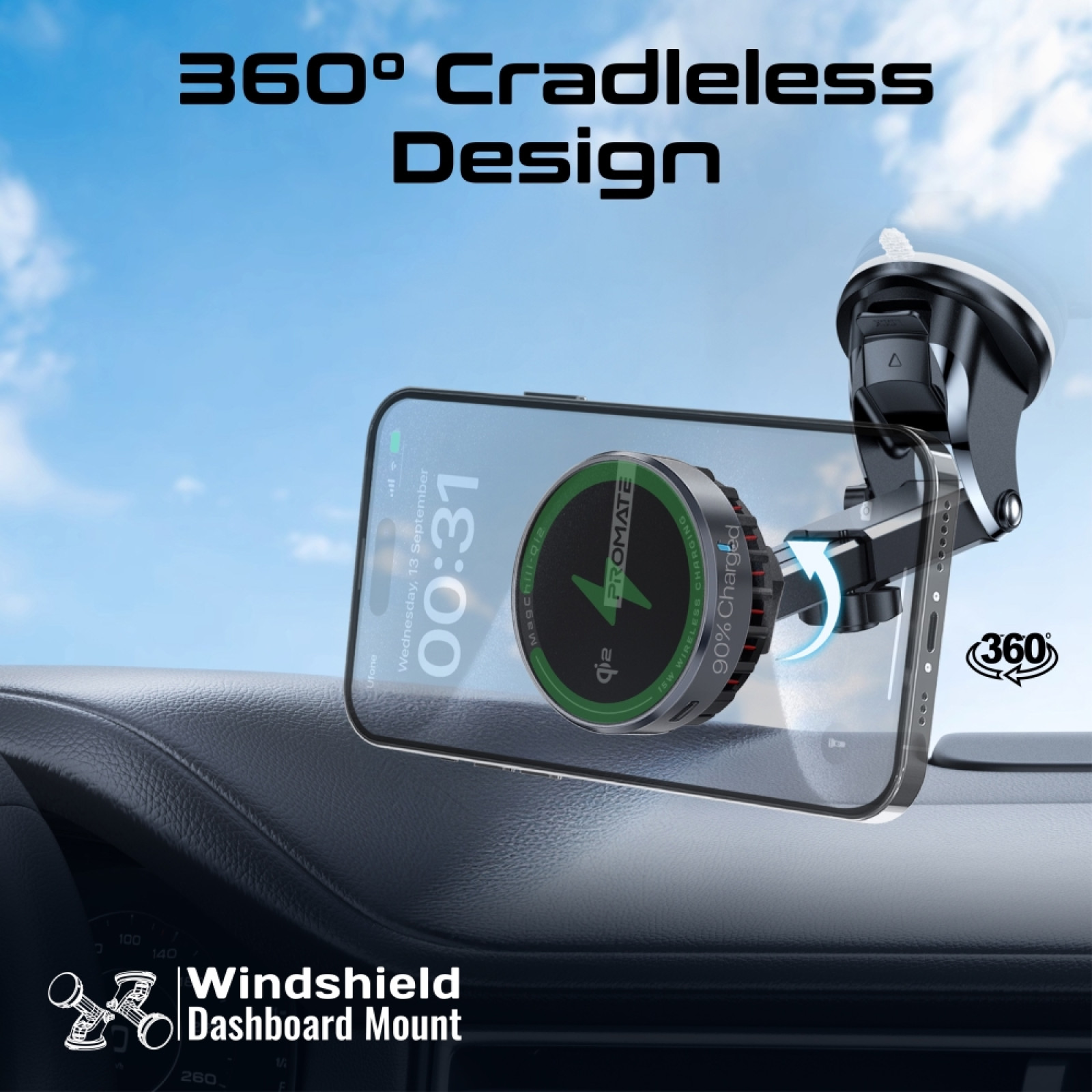 Безжична стойка за кола ProMate, MagChill-Qi2 15W Qi2 Certified Wireless Charging Car Mount with Phone Cooling Feature, MagSafe Compatible, For Dashboard, Windshield and AC Vent - Безжични зарядни устройства - Wireless | Phoneplay.bg