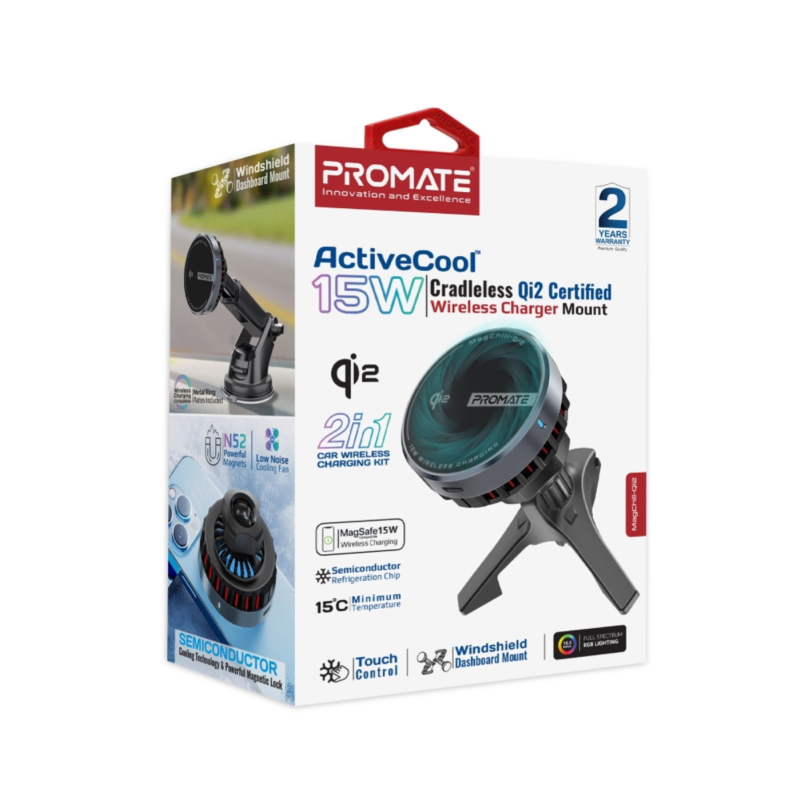 Безжична стойка за кола ProMate, MagChill-Qi2 15W Qi2 Certified Wireless Charging Car Mount with Phone Cooling Feature, MagSafe Compatible, For Dashboard, Windshield and AC Vent - Безжични зарядни устройства - Wireless | Phoneplay.bg