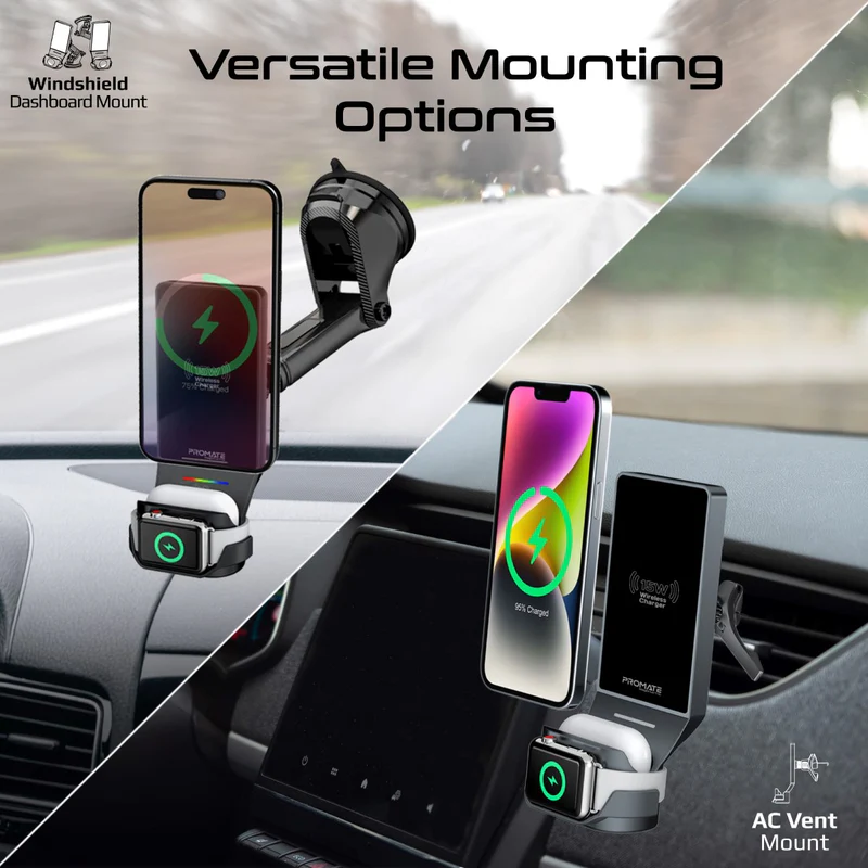 Безжична стойка за кола ProMate, MagDrive-Trio.Black 3-in-1 Wireless Car Charging station w/ 15W MagSafe
Compatible Charger, 3.5W Apple Watch Charger and 4.5W AirPods Charger - Черна