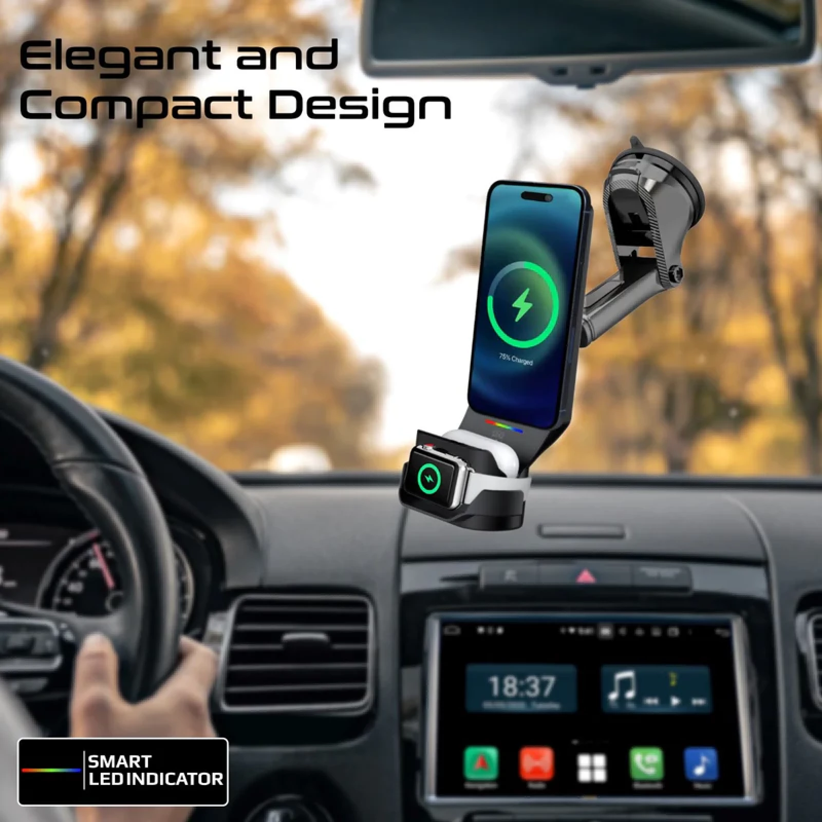 Безжична стойка за кола ProMate, MagDrive-Trio.Black 3-in-1 Wireless Car Charging station w/ 15W MagSafe
Compatible Charger, 3.5W Apple Watch Charger and 4.5W AirPods Charger - Черна