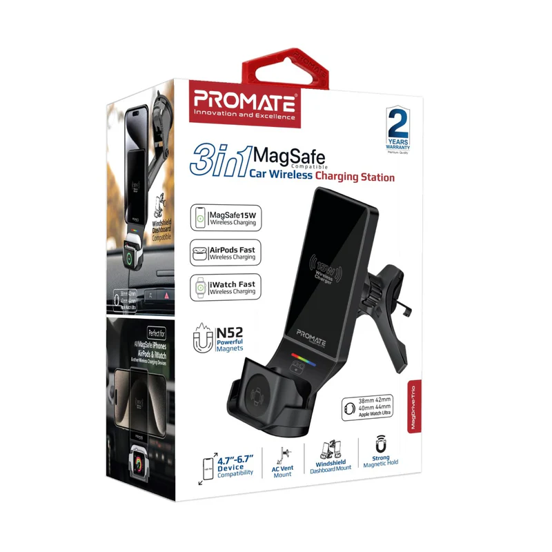 Безжична стойка за кола ProMate, MagDrive-Trio.Black 3-in-1 Wireless Car Charging station w/ 15W MagSafe
Compatible Charger, 3.5W Apple Watch Charger and 4.5W AirPods Charger - Черна