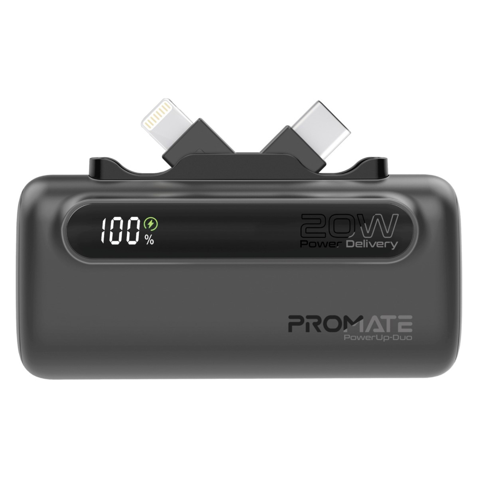 Външна батерия ProMate, PowerUp-Duo.Black 5000mAh Mini Power Bank, 20W USB-C In/Out and Lightning folding Connectors, 20W USB-C In/Out Port, LED Battery Display - Черна