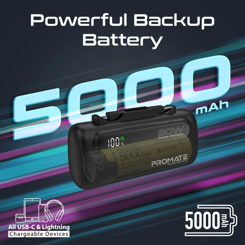 Външна батерия ProMate, PowerUp-Duo.Black 5000mAh Mini Power Bank, 20W USB-C In/Out and Lightning folding Connectors, 20W USB-C In/Out Port, LED Battery Display - Черна