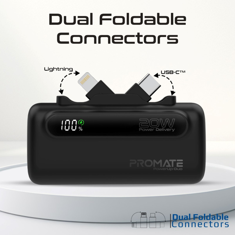 Външна батерия ProMate, PowerUp-Duo.Black 5000mAh Mini Power Bank, 20W USB-C In/Out and Lightning folding Connectors, 20W USB-C In/Out Port, LED Battery Display - Черна