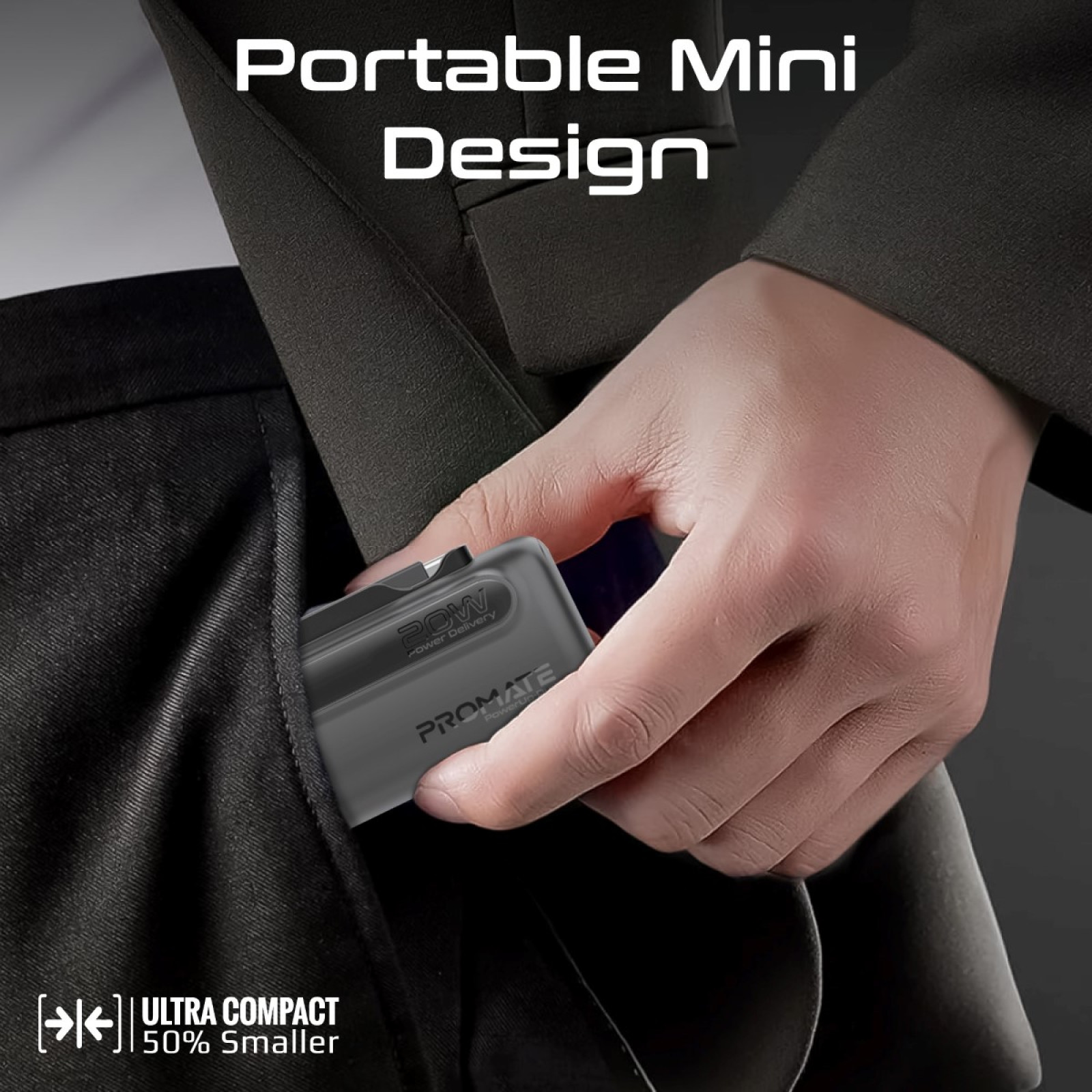 Външна батерия ProMate, PowerUp-Duo.Black 5000mAh Mini Power Bank, 20W USB-C In/Out and Lightning folding Connectors, 20W USB-C In/Out Port, LED Battery Display - Черна