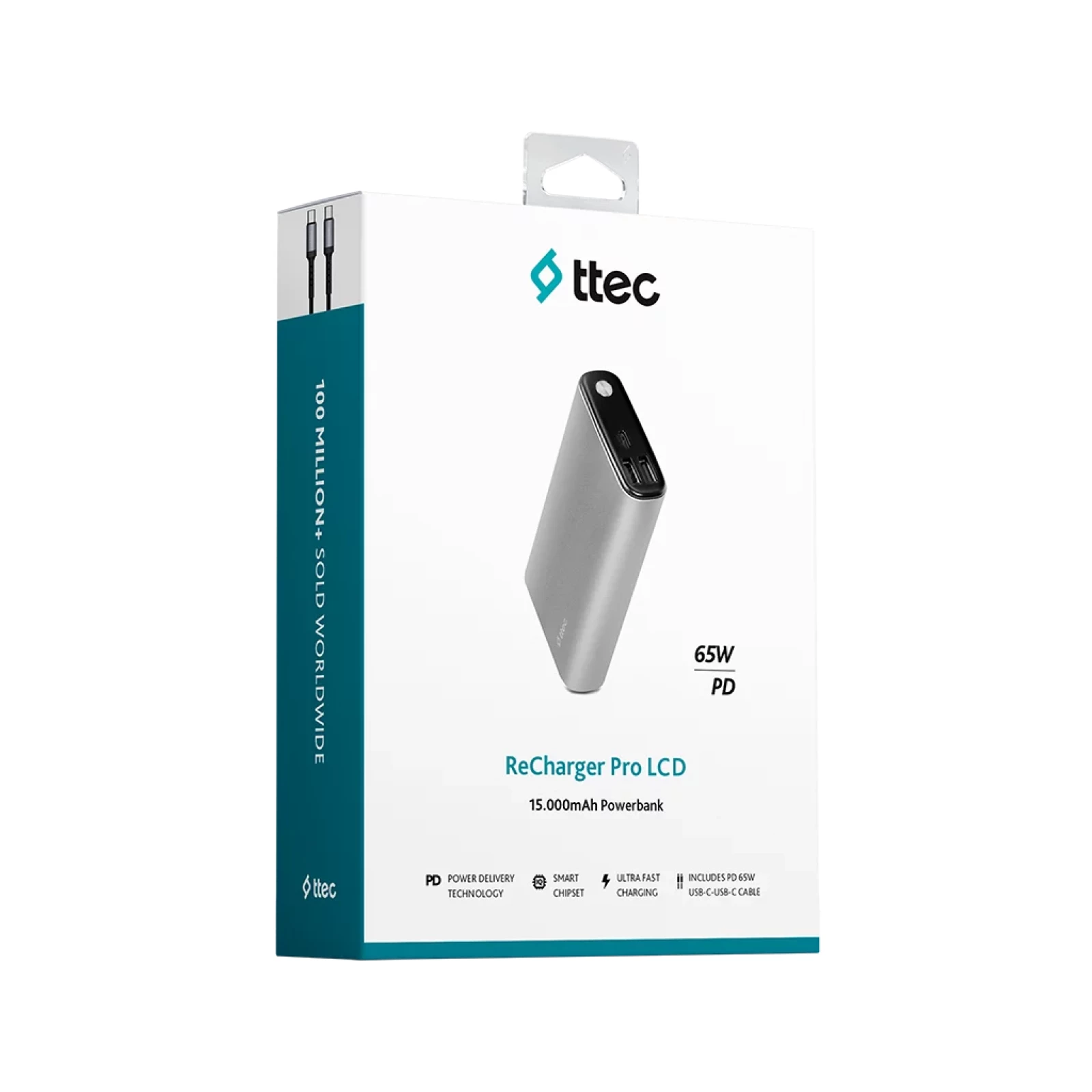 Външна батерия ttec ReCharger Pro LCD 15.000mAh  PD 65W  Powerbank S - Сива