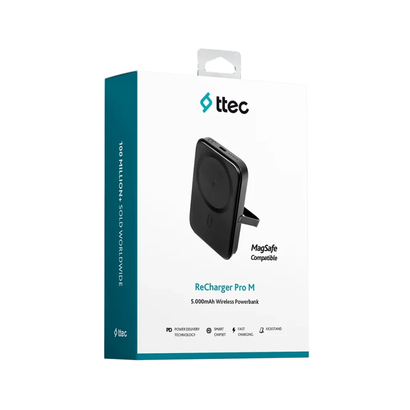 Външна батерия ttec ReCharger Pro M 5.000mAh MagSafe comp. PD 20W Wireless Powerbank w Stand  - Черна