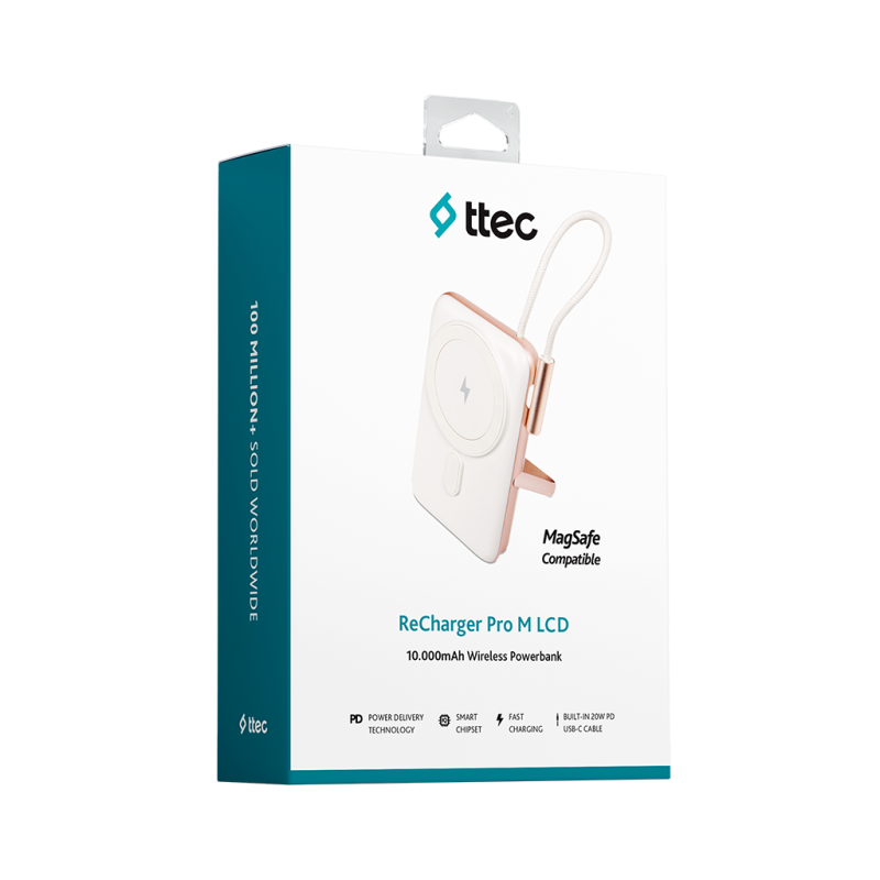 Външна батерия ttec ReCharger Pro M 10.000mAh MagSafe Comp. PD 20W Inserted USB-C Cable Powerbank  - Бяла